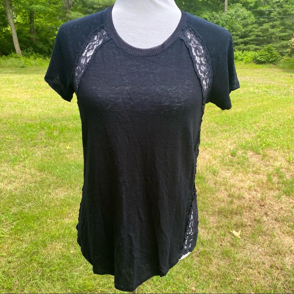 REBECCA TAYLOR TOP TEE SHORT SLEEVE NAVY BLUE SLUB KNIT LACE INSET SIZE S